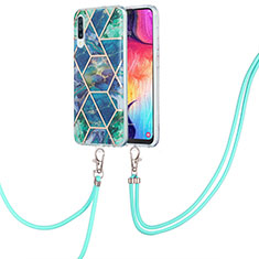 Silicone Candy Rubber Gel Fashionable Pattern Soft Case Cover with Lanyard Strap Y01B for Samsung Galaxy A30S Midnight Green