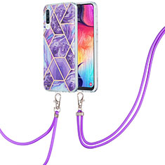 Silicone Candy Rubber Gel Fashionable Pattern Soft Case Cover with Lanyard Strap Y01B for Samsung Galaxy A30S Purple