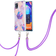 Silicone Candy Rubber Gel Fashionable Pattern Soft Case Cover with Lanyard Strap Y01B for Samsung Galaxy A31 Clove Purple