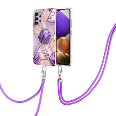 Silicone Candy Rubber Gel Fashionable Pattern Soft Case Cover with Lanyard Strap Y01B for Samsung Galaxy A32 5G Clove Purple
