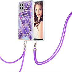 Silicone Candy Rubber Gel Fashionable Pattern Soft Case Cover with Lanyard Strap Y01B for Samsung Galaxy A42 5G Purple
