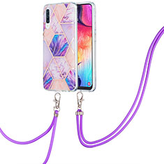 Silicone Candy Rubber Gel Fashionable Pattern Soft Case Cover with Lanyard Strap Y01B for Samsung Galaxy A50 Clove Purple