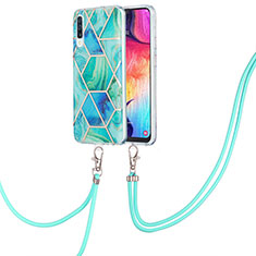 Silicone Candy Rubber Gel Fashionable Pattern Soft Case Cover with Lanyard Strap Y01B for Samsung Galaxy A50 Green