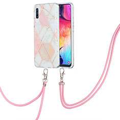 Silicone Candy Rubber Gel Fashionable Pattern Soft Case Cover with Lanyard Strap Y01B for Samsung Galaxy A50 Pink