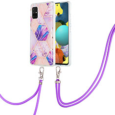 Silicone Candy Rubber Gel Fashionable Pattern Soft Case Cover with Lanyard Strap Y01B for Samsung Galaxy A51 4G Clove Purple