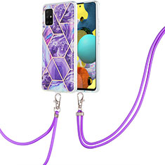 Silicone Candy Rubber Gel Fashionable Pattern Soft Case Cover with Lanyard Strap Y01B for Samsung Galaxy A51 4G Purple