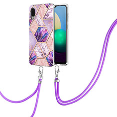 Silicone Candy Rubber Gel Fashionable Pattern Soft Case Cover with Lanyard Strap Y01B for Samsung Galaxy M02 Clove Purple