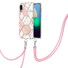 Silicone Candy Rubber Gel Fashionable Pattern Soft Case Cover with Lanyard Strap Y01B for Samsung Galaxy M02 Pink