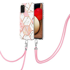 Silicone Candy Rubber Gel Fashionable Pattern Soft Case Cover with Lanyard Strap Y01B for Samsung Galaxy M02s Pink
