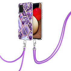 Silicone Candy Rubber Gel Fashionable Pattern Soft Case Cover with Lanyard Strap Y01B for Samsung Galaxy M02s Purple