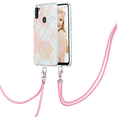 Silicone Candy Rubber Gel Fashionable Pattern Soft Case Cover with Lanyard Strap Y01B for Samsung Galaxy M11 Pink