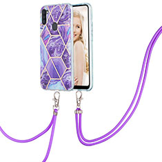 Silicone Candy Rubber Gel Fashionable Pattern Soft Case Cover with Lanyard Strap Y01B for Samsung Galaxy M11 Purple