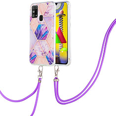Silicone Candy Rubber Gel Fashionable Pattern Soft Case Cover with Lanyard Strap Y01B for Samsung Galaxy M21s Clove Purple