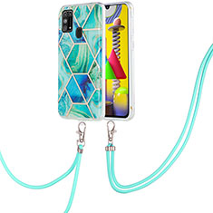 Silicone Candy Rubber Gel Fashionable Pattern Soft Case Cover with Lanyard Strap Y01B for Samsung Galaxy M21s Green