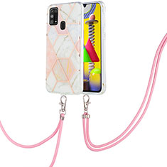 Silicone Candy Rubber Gel Fashionable Pattern Soft Case Cover with Lanyard Strap Y01B for Samsung Galaxy M21s Pink