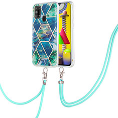 Silicone Candy Rubber Gel Fashionable Pattern Soft Case Cover with Lanyard Strap Y01B for Samsung Galaxy M31 Midnight Green