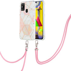 Silicone Candy Rubber Gel Fashionable Pattern Soft Case Cover with Lanyard Strap Y01B for Samsung Galaxy M31 Pink