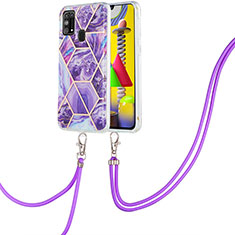 Silicone Candy Rubber Gel Fashionable Pattern Soft Case Cover with Lanyard Strap Y01B for Samsung Galaxy M31 Purple