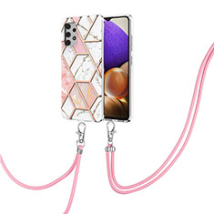Silicone Candy Rubber Gel Fashionable Pattern Soft Case Cover with Lanyard Strap Y01B for Samsung Galaxy M32 5G Pink