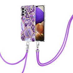 Silicone Candy Rubber Gel Fashionable Pattern Soft Case Cover with Lanyard Strap Y01B for Samsung Galaxy M32 5G Purple