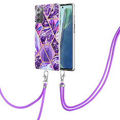 Silicone Candy Rubber Gel Fashionable Pattern Soft Case Cover with Lanyard Strap Y01B for Samsung Galaxy Note 20 5G Purple