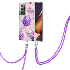 Silicone Candy Rubber Gel Fashionable Pattern Soft Case Cover with Lanyard Strap Y01B for Samsung Galaxy Note 20 Ultra 5G Clove Purple