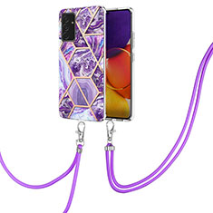 Silicone Candy Rubber Gel Fashionable Pattern Soft Case Cover with Lanyard Strap Y01B for Samsung Galaxy Quantum2 5G Purple