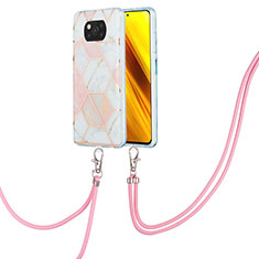 Silicone Candy Rubber Gel Fashionable Pattern Soft Case Cover with Lanyard Strap Y01B for Xiaomi Poco X3 NFC Pink