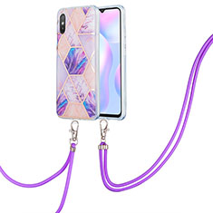 Silicone Candy Rubber Gel Fashionable Pattern Soft Case Cover with Lanyard Strap Y01B for Xiaomi Redmi 9A Clove Purple