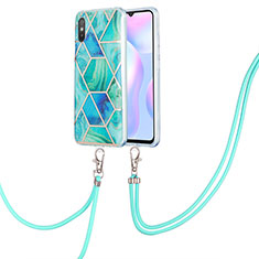 Silicone Candy Rubber Gel Fashionable Pattern Soft Case Cover with Lanyard Strap Y01B for Xiaomi Redmi 9A Green