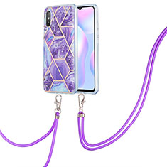 Silicone Candy Rubber Gel Fashionable Pattern Soft Case Cover with Lanyard Strap Y01B for Xiaomi Redmi 9A Purple
