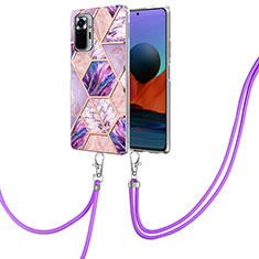 Silicone Candy Rubber Gel Fashionable Pattern Soft Case Cover with Lanyard Strap Y01B for Xiaomi Redmi Note 10 Pro 4G Clove Purple