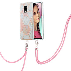 Silicone Candy Rubber Gel Fashionable Pattern Soft Case Cover with Lanyard Strap Y01B for Xiaomi Redmi Note 9S Pink