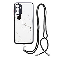 Silicone Candy Rubber Gel Fashionable Pattern Soft Case Cover with Lanyard Strap Y01X for Samsung Galaxy A04s Black
