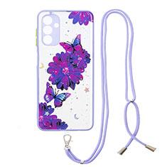 Silicone Candy Rubber Gel Fashionable Pattern Soft Case Cover with Lanyard Strap Y01X for Samsung Galaxy A04s Purple