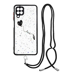 Silicone Candy Rubber Gel Fashionable Pattern Soft Case Cover with Lanyard Strap Y01X for Samsung Galaxy A12 Black