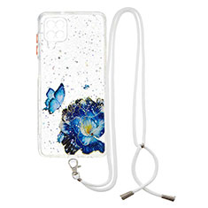 Silicone Candy Rubber Gel Fashionable Pattern Soft Case Cover with Lanyard Strap Y01X for Samsung Galaxy A12 Blue