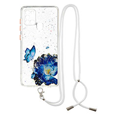 Silicone Candy Rubber Gel Fashionable Pattern Soft Case Cover with Lanyard Strap Y01X for Samsung Galaxy A21s Blue