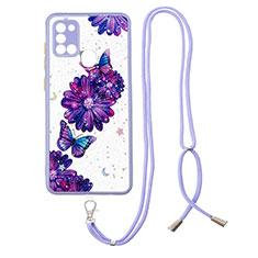 Silicone Candy Rubber Gel Fashionable Pattern Soft Case Cover with Lanyard Strap Y01X for Samsung Galaxy A21s Purple