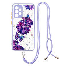 Silicone Candy Rubber Gel Fashionable Pattern Soft Case Cover with Lanyard Strap Y01X for Samsung Galaxy A52 4G Purple