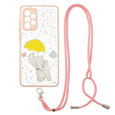 Silicone Candy Rubber Gel Fashionable Pattern Soft Case Cover with Lanyard Strap Y01X for Samsung Galaxy A52 5G Yellow