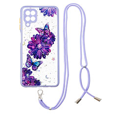 Silicone Candy Rubber Gel Fashionable Pattern Soft Case Cover with Lanyard Strap Y01X for Samsung Galaxy F12 Purple