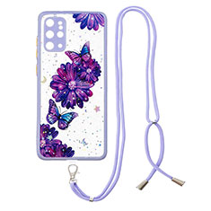 Silicone Candy Rubber Gel Fashionable Pattern Soft Case Cover with Lanyard Strap Y01X for Samsung Galaxy S20 Plus Purple