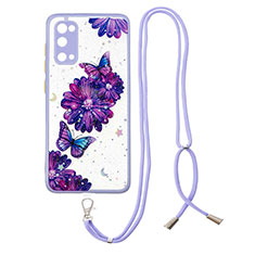 Silicone Candy Rubber Gel Fashionable Pattern Soft Case Cover with Lanyard Strap Y01X for Samsung Galaxy S20 Purple