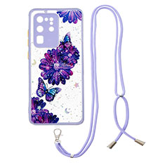Silicone Candy Rubber Gel Fashionable Pattern Soft Case Cover with Lanyard Strap Y01X for Samsung Galaxy S20 Ultra 5G Purple