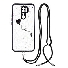Silicone Candy Rubber Gel Fashionable Pattern Soft Case Cover with Lanyard Strap Y01X for Xiaomi Redmi 9 Prime India Black
