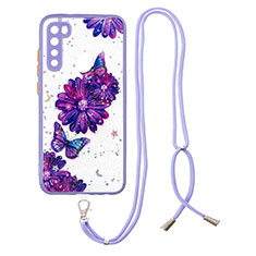 Silicone Candy Rubber Gel Fashionable Pattern Soft Case Cover with Lanyard Strap Y01X for Xiaomi Redmi Note 8 (2021) Purple
