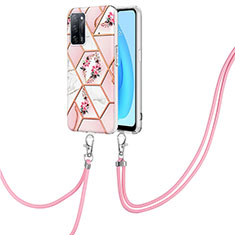 Silicone Candy Rubber Gel Fashionable Pattern Soft Case Cover with Lanyard Strap Y02B for Oppo A56 5G Pink