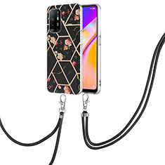 Silicone Candy Rubber Gel Fashionable Pattern Soft Case Cover with Lanyard Strap Y02B for Oppo F19 Pro+ Plus 5G Black