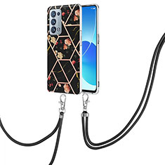 Silicone Candy Rubber Gel Fashionable Pattern Soft Case Cover with Lanyard Strap Y02B for Oppo Reno6 Pro+ Plus 5G Black